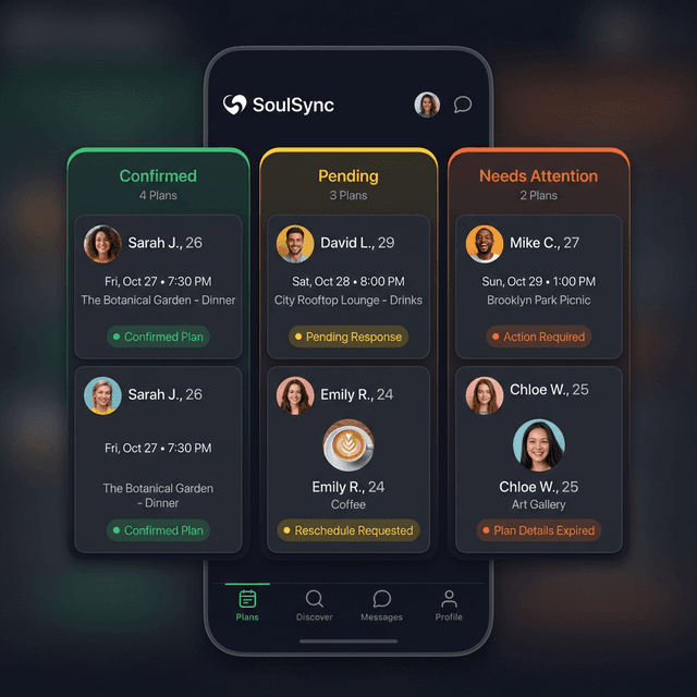 TrustDate Plans Kanban Board showing upcoming dates.